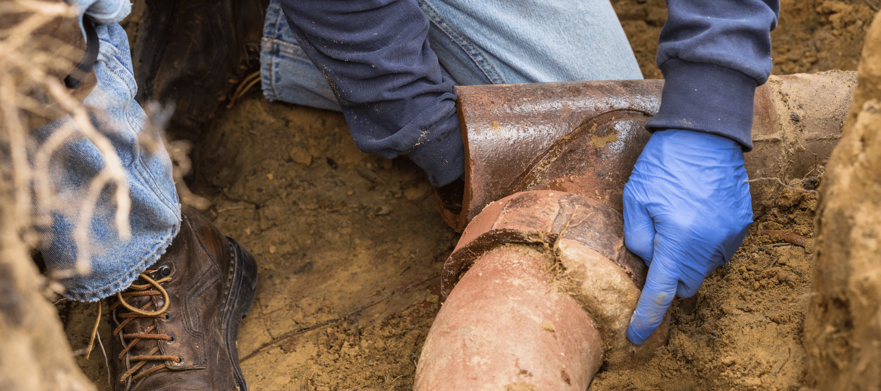 A plumber wearing blue gloves working on an old, rusted underground pipe
